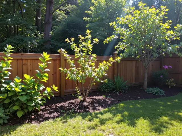 backyard garden with wooden fence and planted trees, sunlight highlighting foliage, shadows casting calm tranquil mood fully visible.